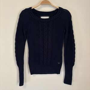 Y2K American Eagle Sweater Womens Cable Knit Blue Preppy Academia S‎